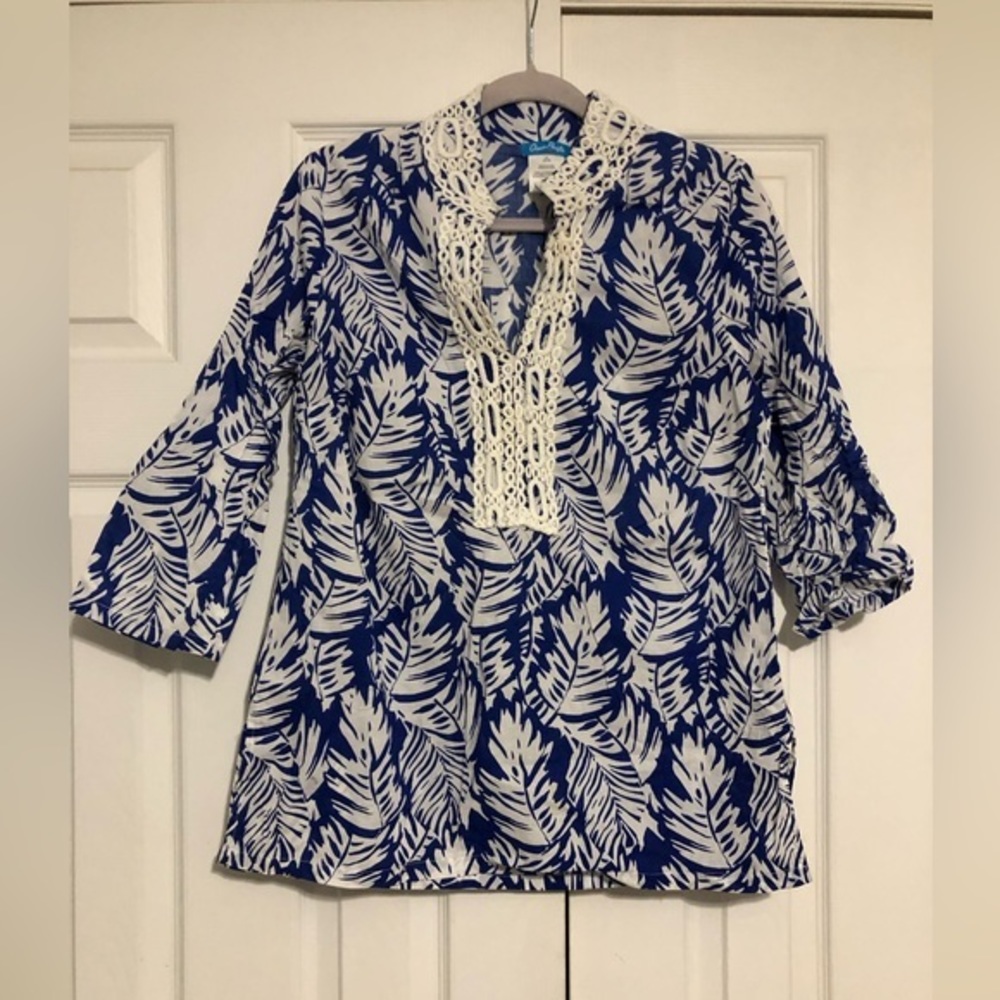 Ocean Pacific Hawaiian leaf pattern blouse with crochet detailing size‎ L 12-14